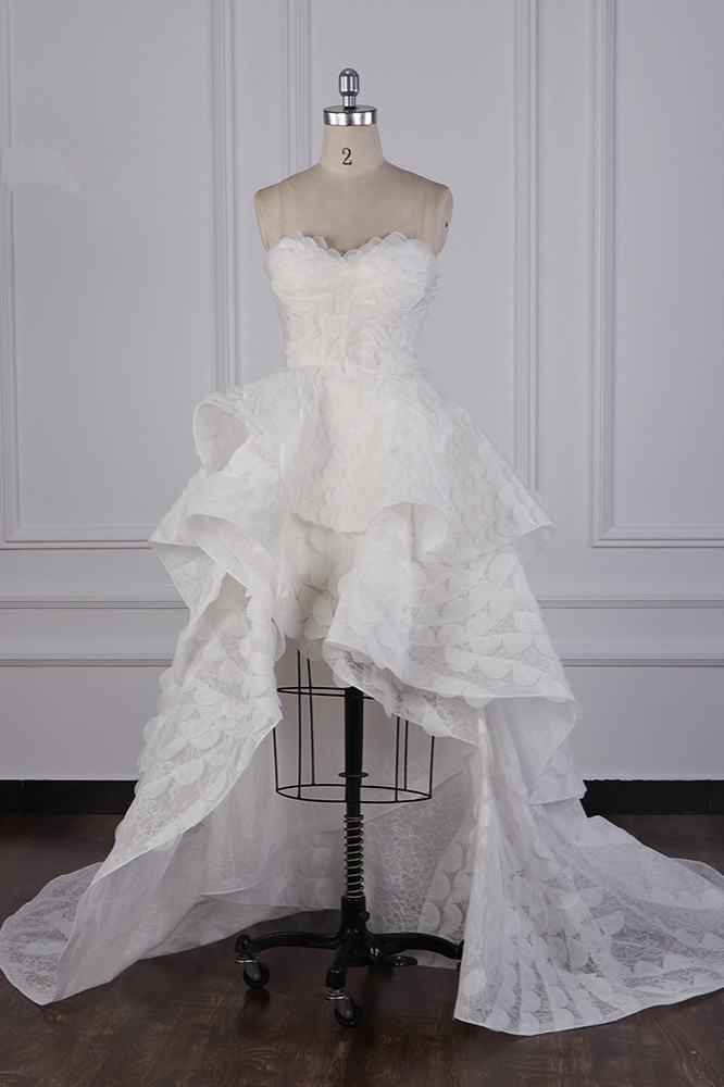 BMbridal Chic Hi-Lo Strapless Tulle Wedding Dress Appliques Sleeveless Bridal Gowns Online-BMbridal