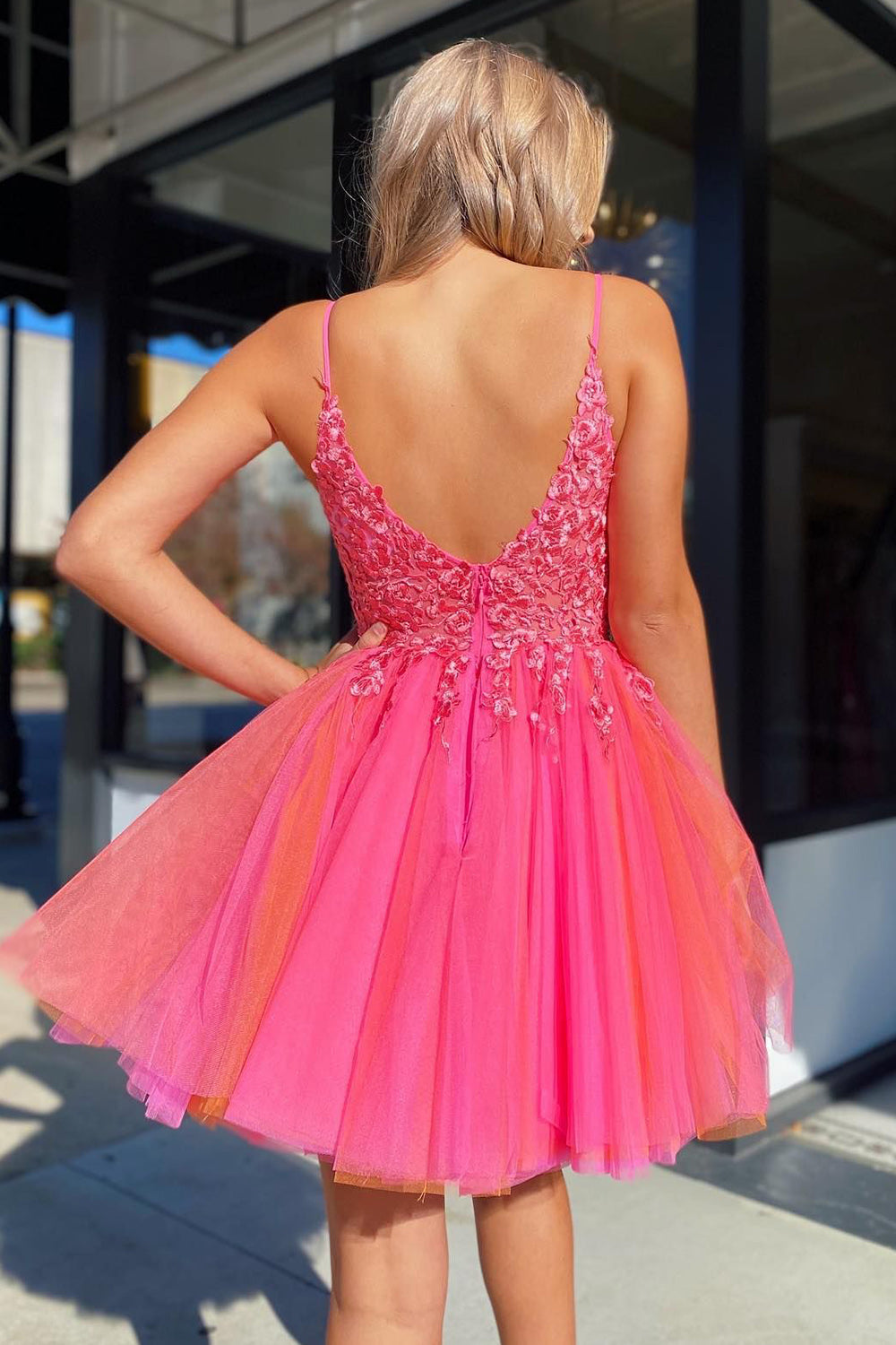 Hot Pink A-Line Tulle Short Homecoming Dress with Lace-BMbridal
