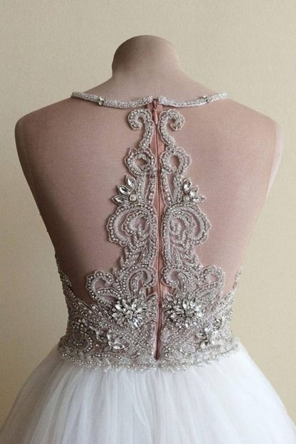 BMbridal Glamorous White Tulle Crystal Beaded Wedding Dress Halter Seeveless Bridal Gowns On Sale