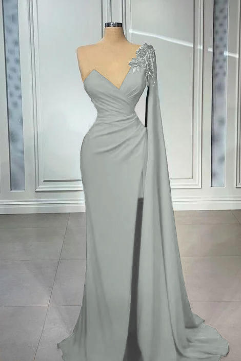 One Shoulder V Neck Mermaid Prom Pleated Dress Red Long Appliques With Ruffles