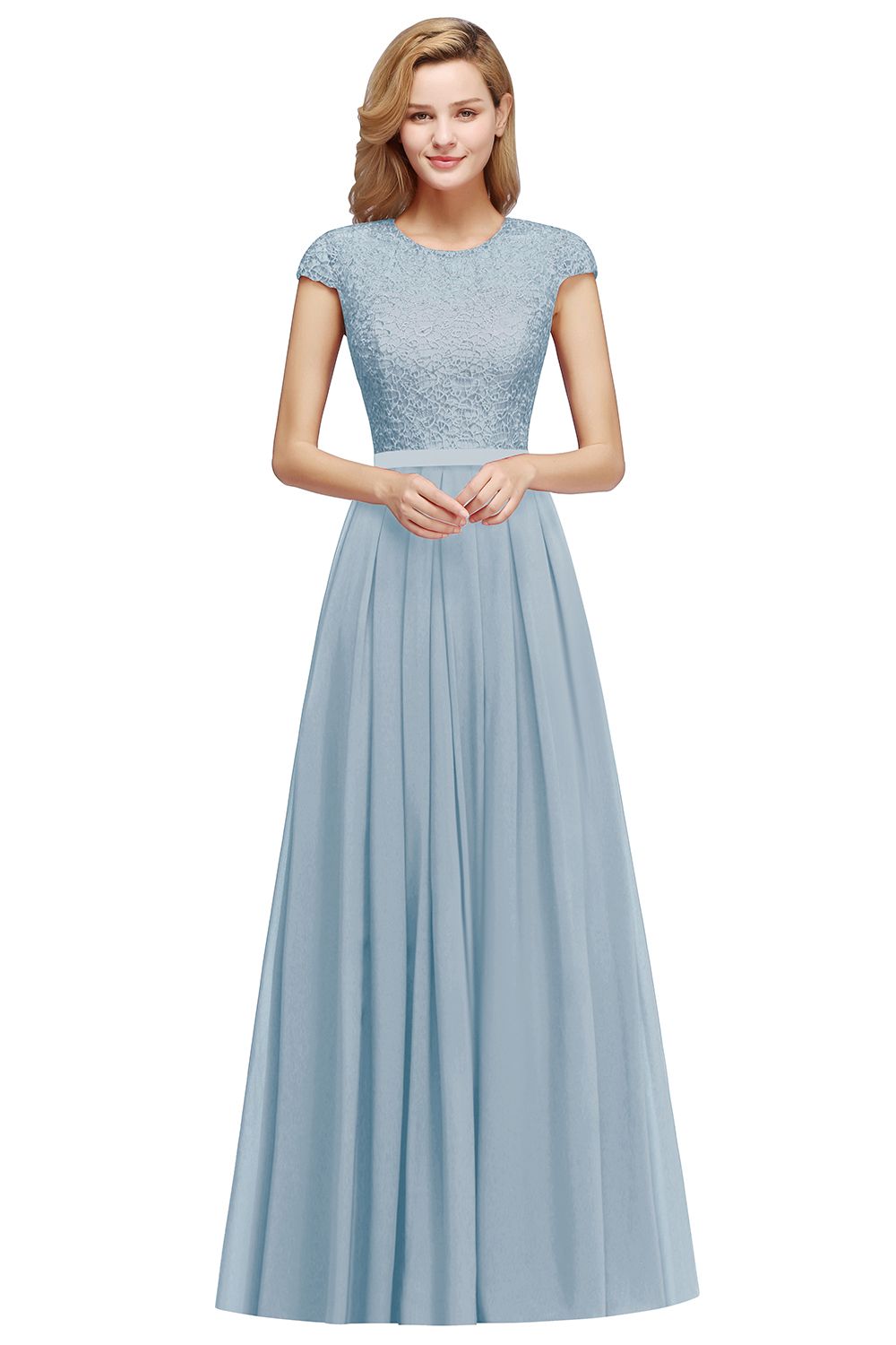 BMbridal A-line Jewel Short Sleeves Chiffon Lace Bridesmaid Dress