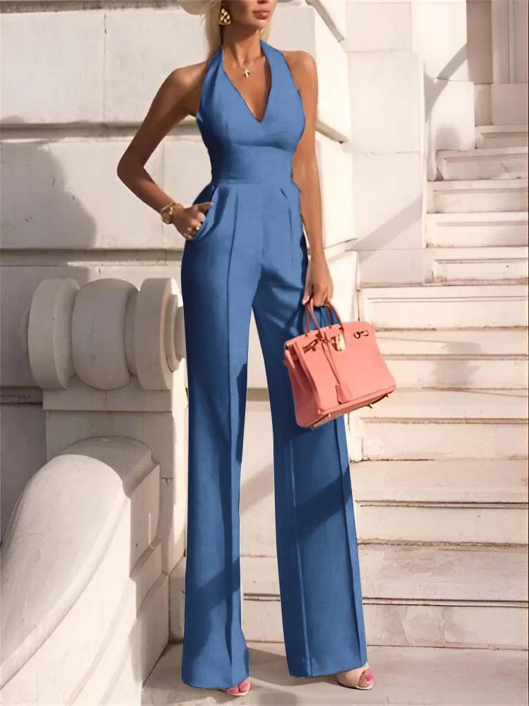 White Slim Fit Halter V-Neck Jumpsuit High-Waist Daily Women's Jump Suit