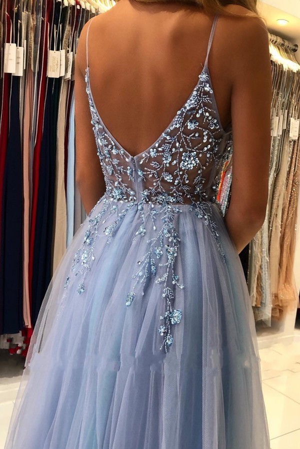 Bmbridal Blue Spaghetti-Straps Prom Dress Tulle Slit Evening Dress With Beads