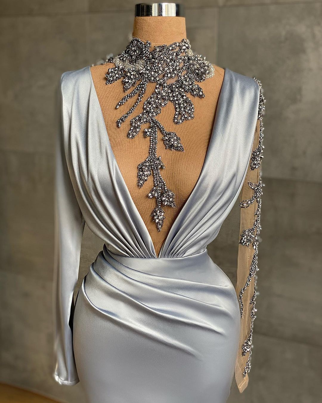 BMbirdal Silver Long Sleeves Mermaid Prom Dress With Appliques