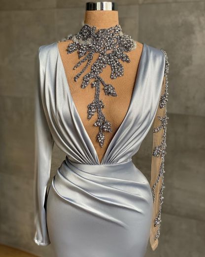 BMbirdal Silver Long Sleeves Mermaid Prom Dress With Appliques