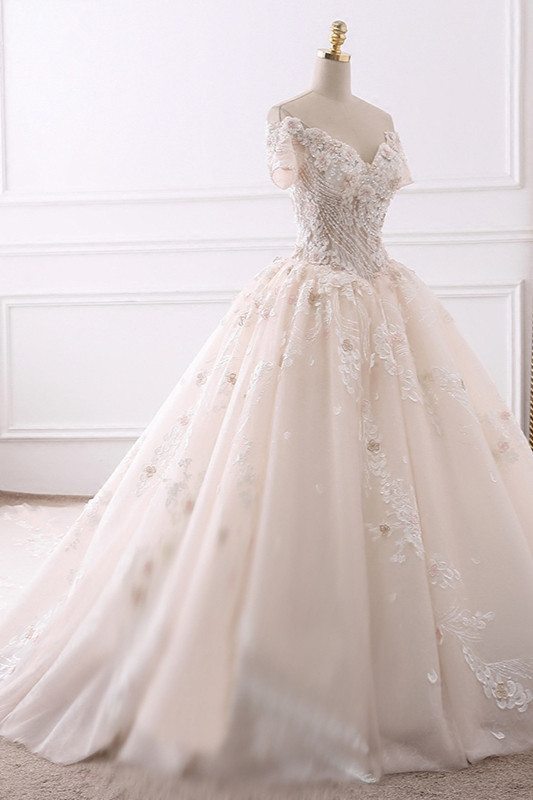 BMbridal Ball Gown V-Neck Tulle Beadings Wedding Dress Lace Appliques Short Sleeves Bridal Gowns with Flowers On Sale-BMbridal