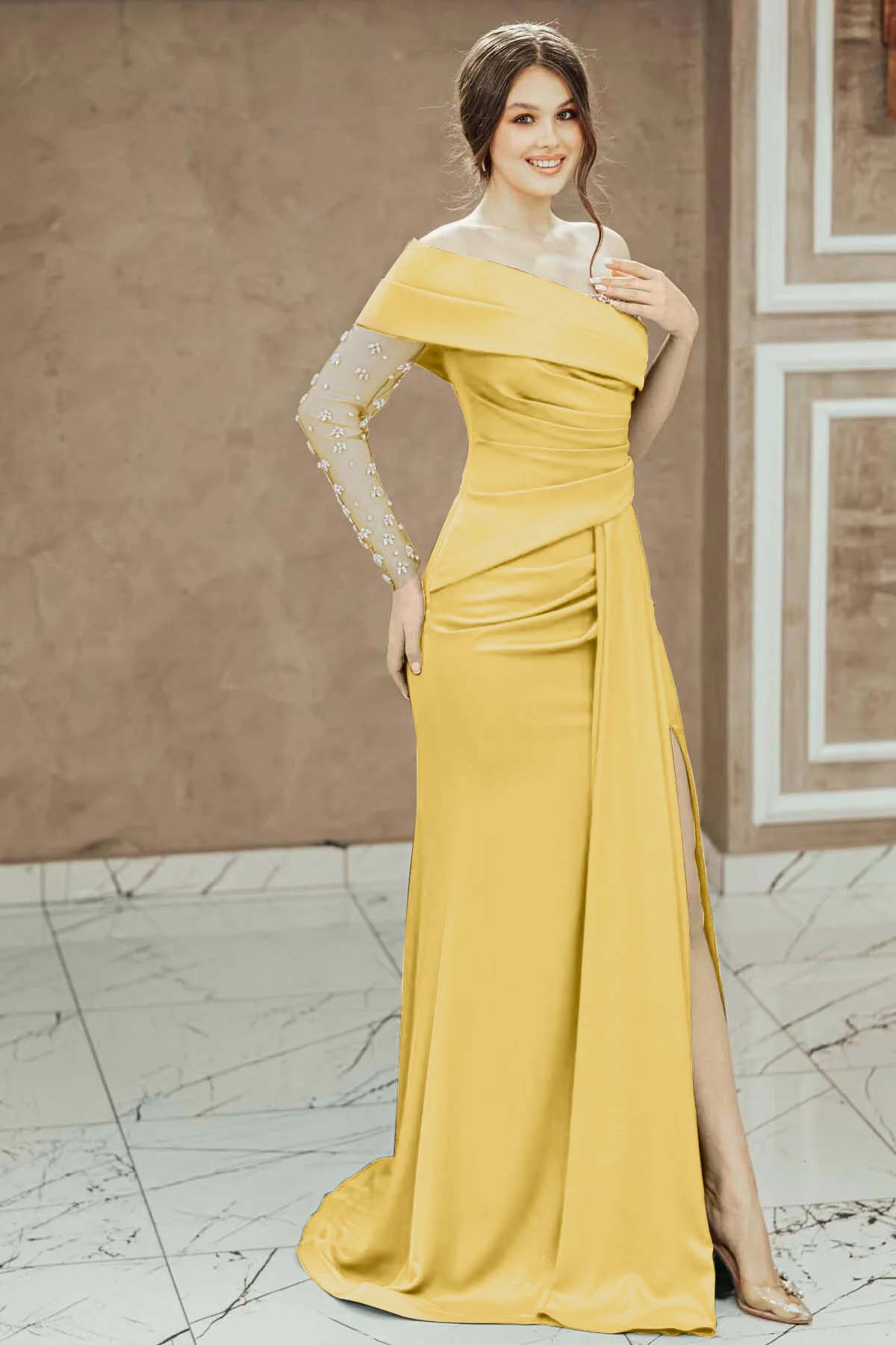 Red Beadings One Shoulder Pleated Prom Dress Split Mermaid With Long Sleeve