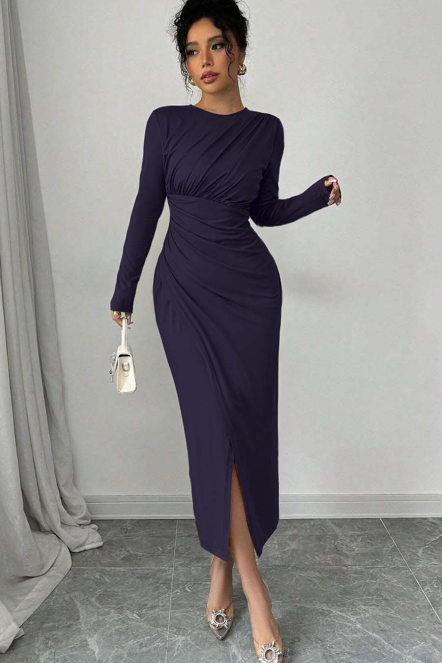 Long Sleeves Jewel Neck Tea Length Prom Dress With Split Pleated