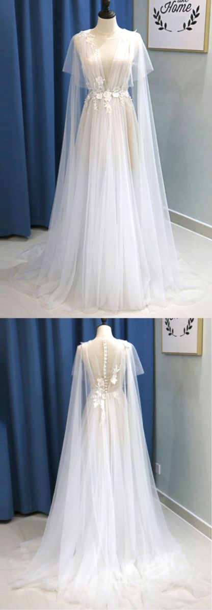 BMbridal Glamorous White Tulle V-Neck Beach Wedding Dress A Line Flower Bridal Gowns On Sale