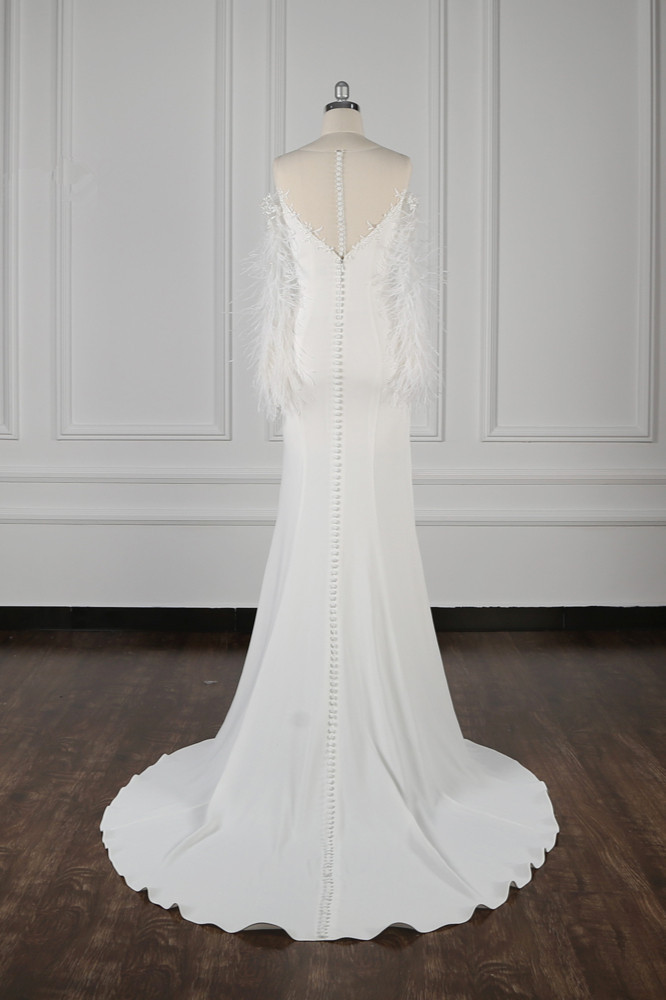 BMbridal Chic Jewel Sleeveless White Chiffon Wedding Dress Mermaid Appliques Bridal Gowns with Fur Onsale-BMbridal