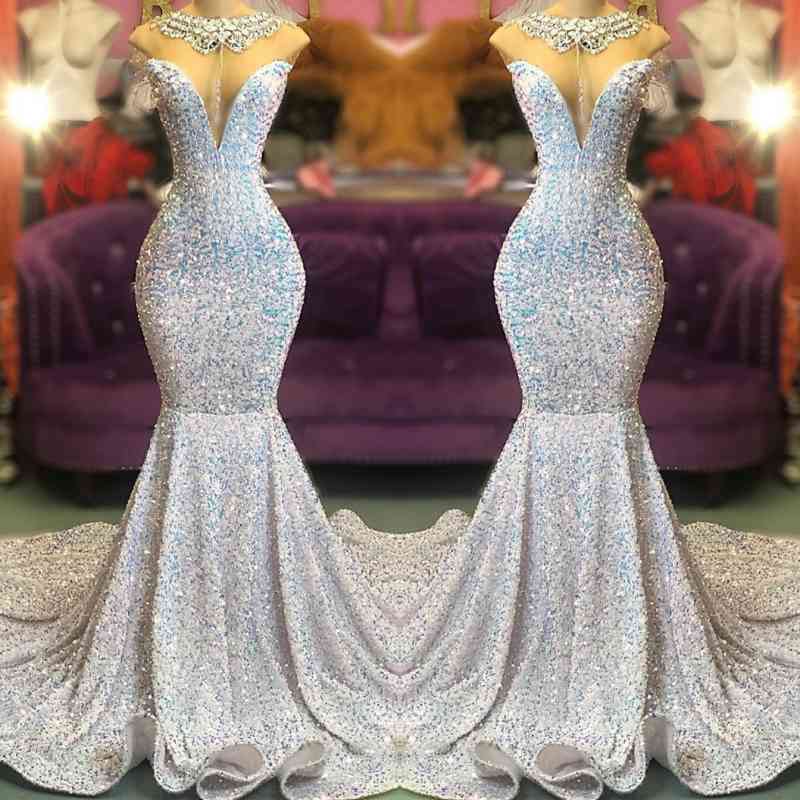 Bmbridal Sleeveless Sequiins Mermaid Long Evening Prom Dress