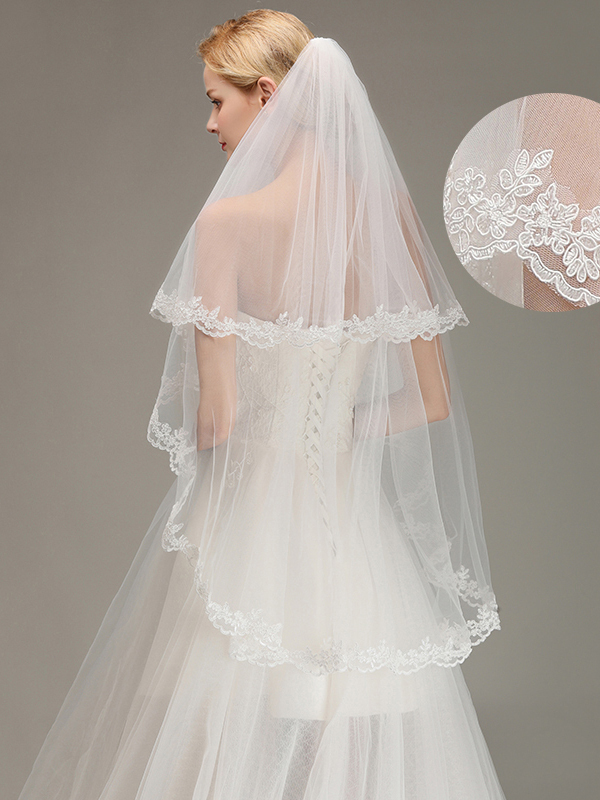 BMbridal Two Layers Lace Edge Wedding Veil with Comb Soft Tulle Bridal Veil-BMbridal