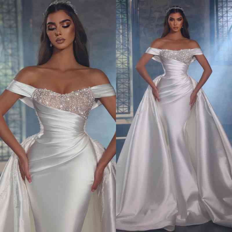 Bmbridal Off-the-Shoulder Overskirt Wedding Dress Long With Beads-BMbridal