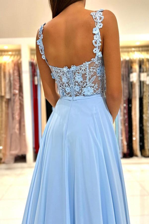 Bmbridal Sky Blue Sleeveless Long Prom Dress Slit Sleeveless With Appliques