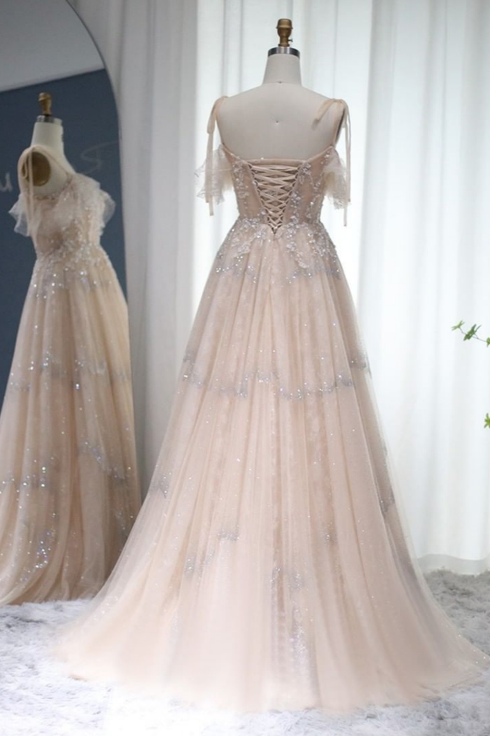 Bmbridal A-Line Square Sleeveless Spaghetti Straps Prom Dresses with Beadings