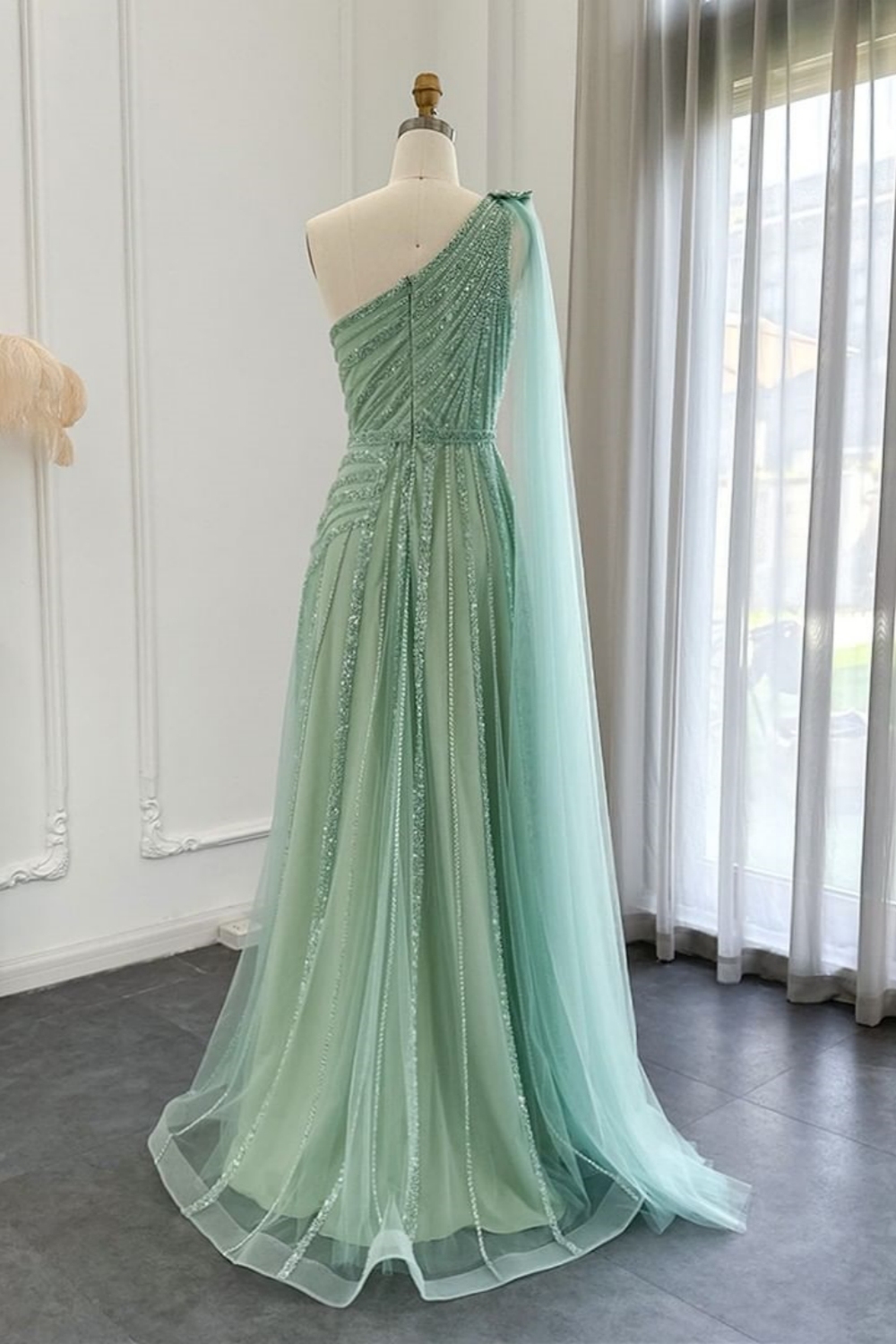 Bmbridal A-Line Dusty Sage One Shoulder Tulle Sleeveless Prom Dresses