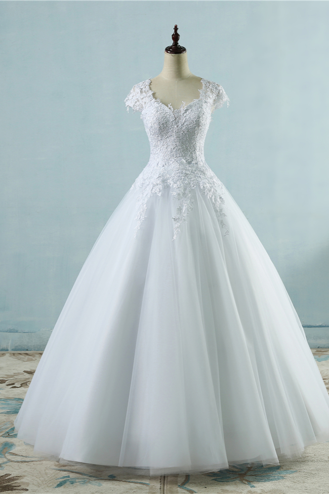 BMbridal Elegant V-Neck Tull Lace White Wedding Dress Short Sleeves Appliques Bridal Gowns Online