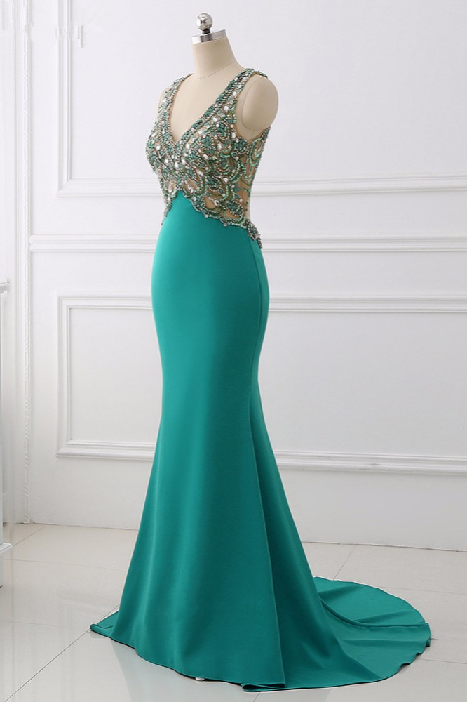 BMbridal Sexy V-Neck Appliques Mermaid Prom Dresses Sleeveless with Crystals On Sale