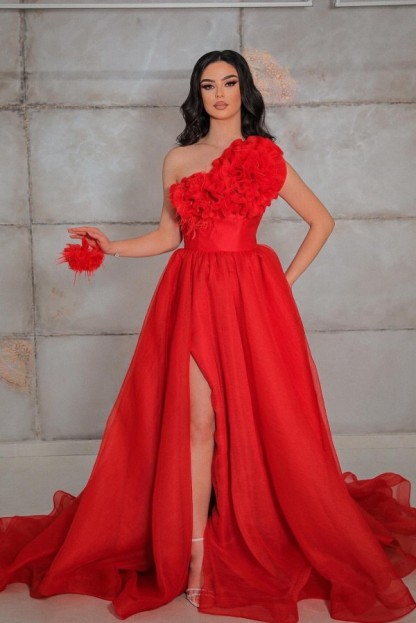 Bmbridal Red One Shoulder Prom Dress A-Line Long With Slit