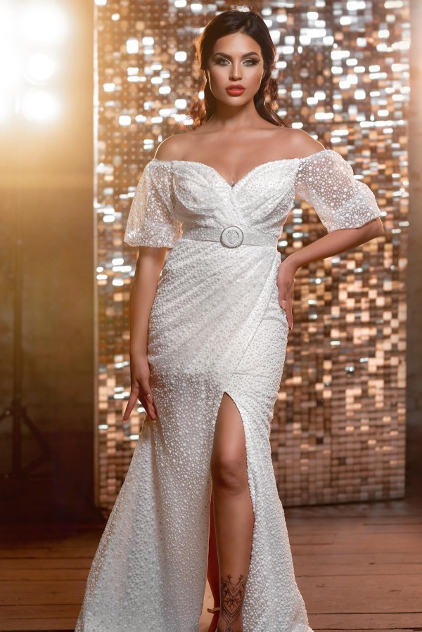 Bmbridal Short Sleeves Mermaid Slit Wedding Dress With Detachable Skirt-BMbridal
