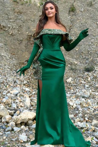 Luxurious Mermaid Off-The-Shoulder Sleeveless Satin Prom Dresses with Slit