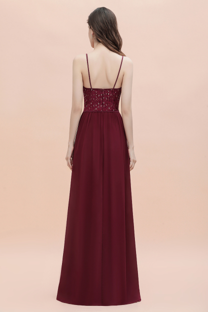 BMbridal Fabulous A-line Burgundy Chiffon Bridesmaid Dress V-Neck Spaghetti Straps Sequins Evening Dress-BMbridal
