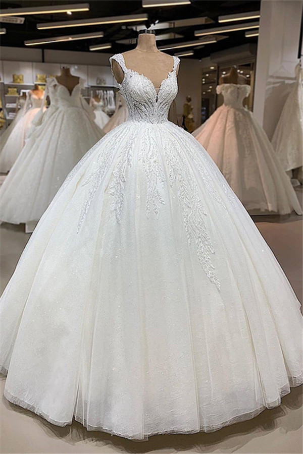 BMbridal Affordable Straps A-line White Wedding Dresses With Appliques Tulle Ruffles Bridal Gowns Online-BMbridal