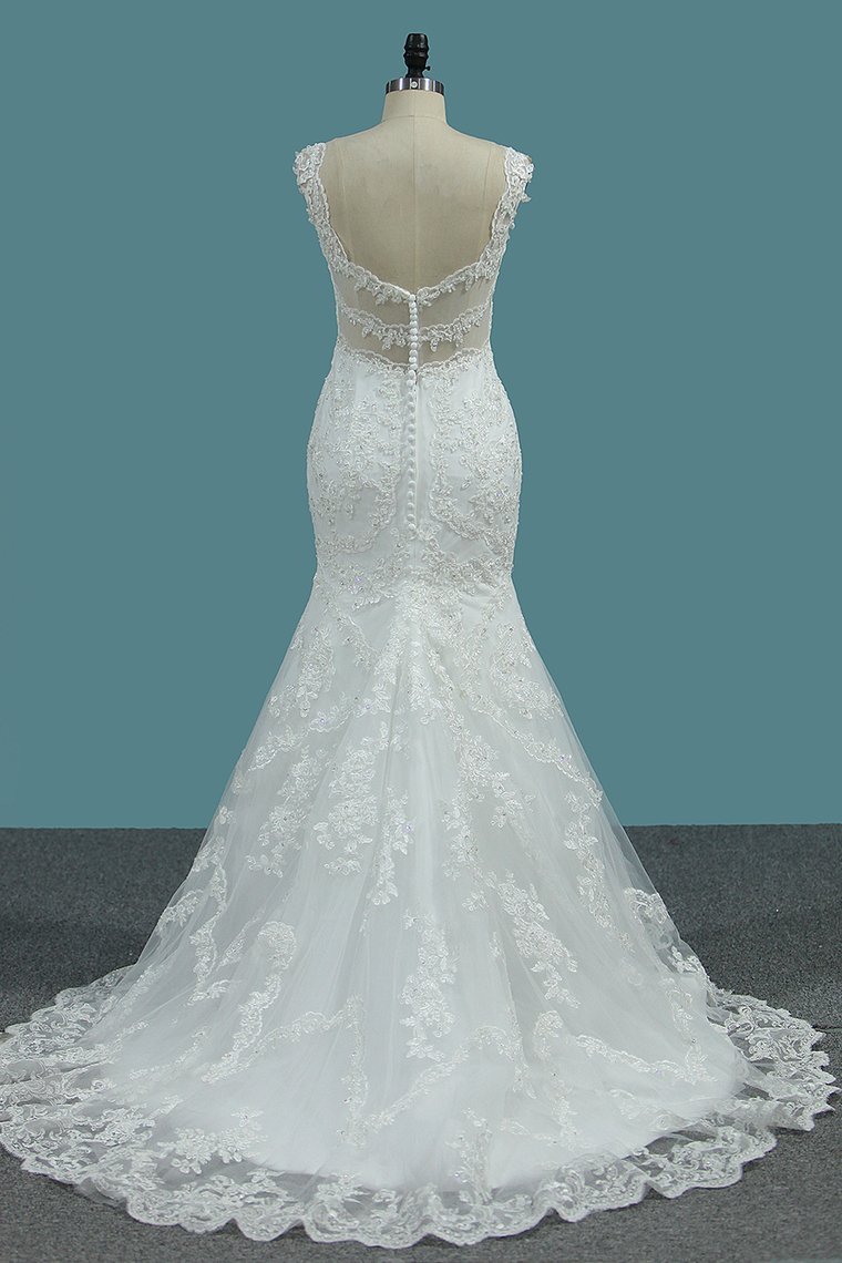 BMbridal Elegant Mermaid V-neck Tulle Wedding Dress White Lace Appliques Beadings Bridal Gowns Online-BMbridal