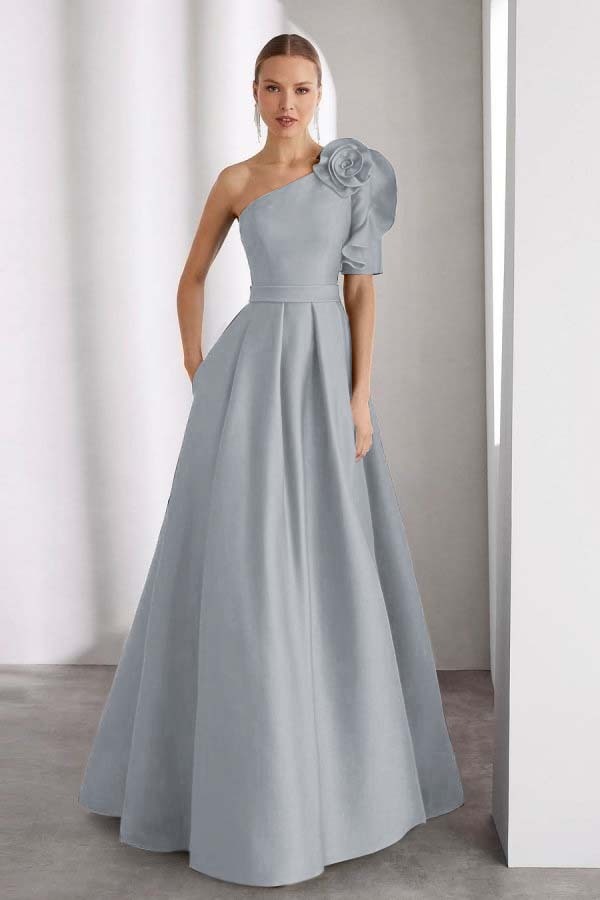One Shoulder Sleeveless Long Prom Dress With Pleated Pockets