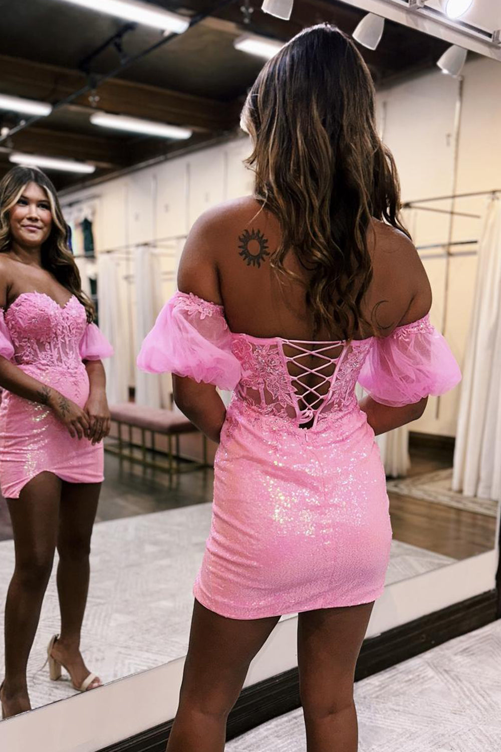 Sparkly Pink Corset Detachable Short Sleeves Sequins Tight Short Homecoming Dress with Lace-BMbridal