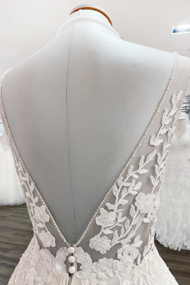 BMbridal Elegant V Neck Tulle Ivory Lace A-Line Wedding Dresses-BMbridal