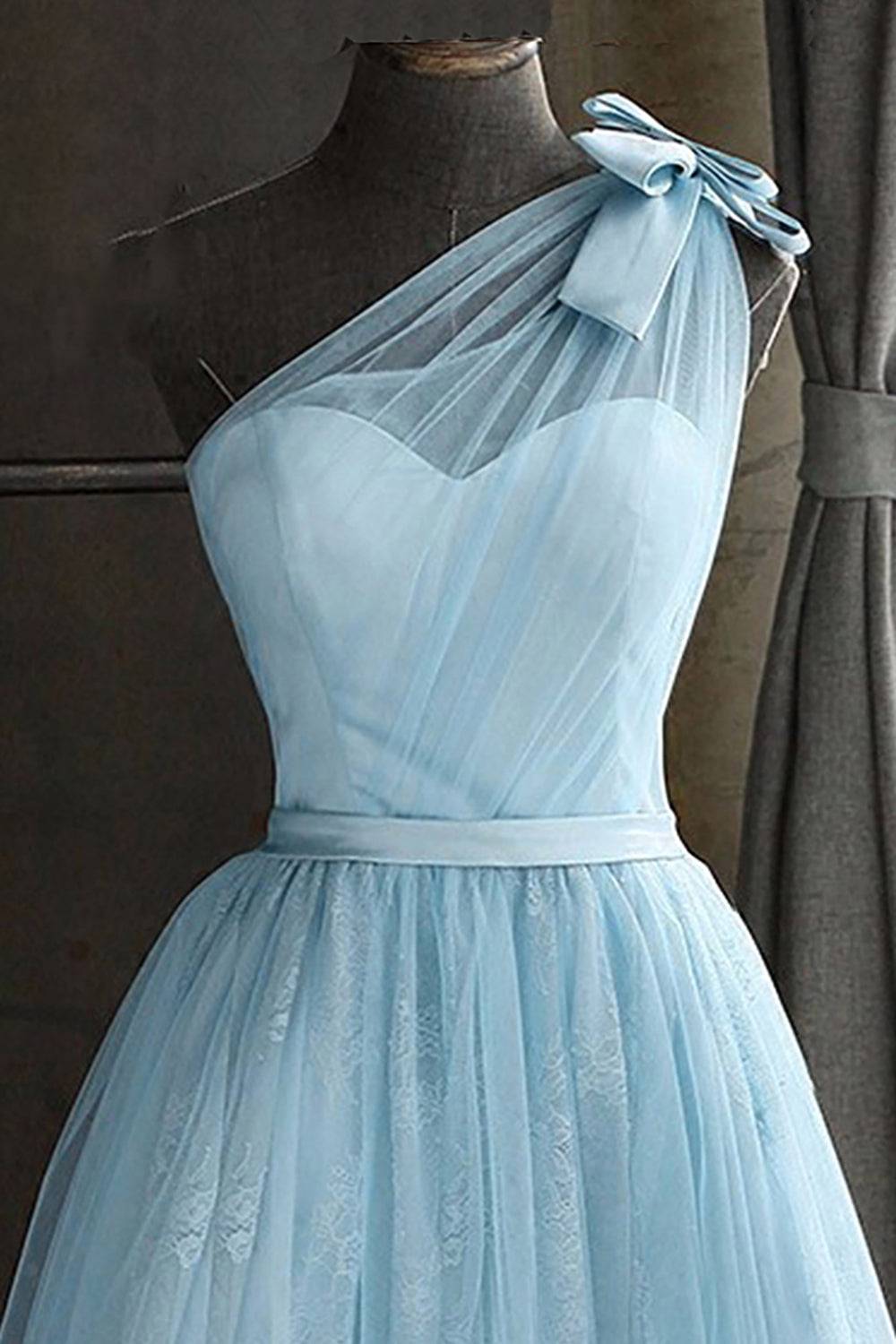 One Shoulder Blue Homecoming Dress With Bowknot-BMbridal