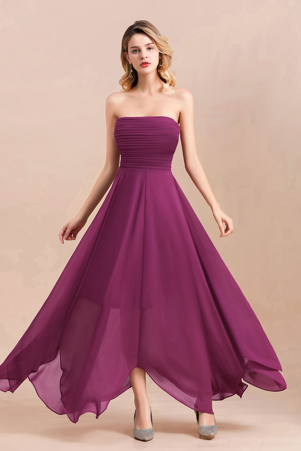 BMbridal Gorgeous Strapless Ruffle Bridesmaid Dress with Petal Hemline-BMbridal