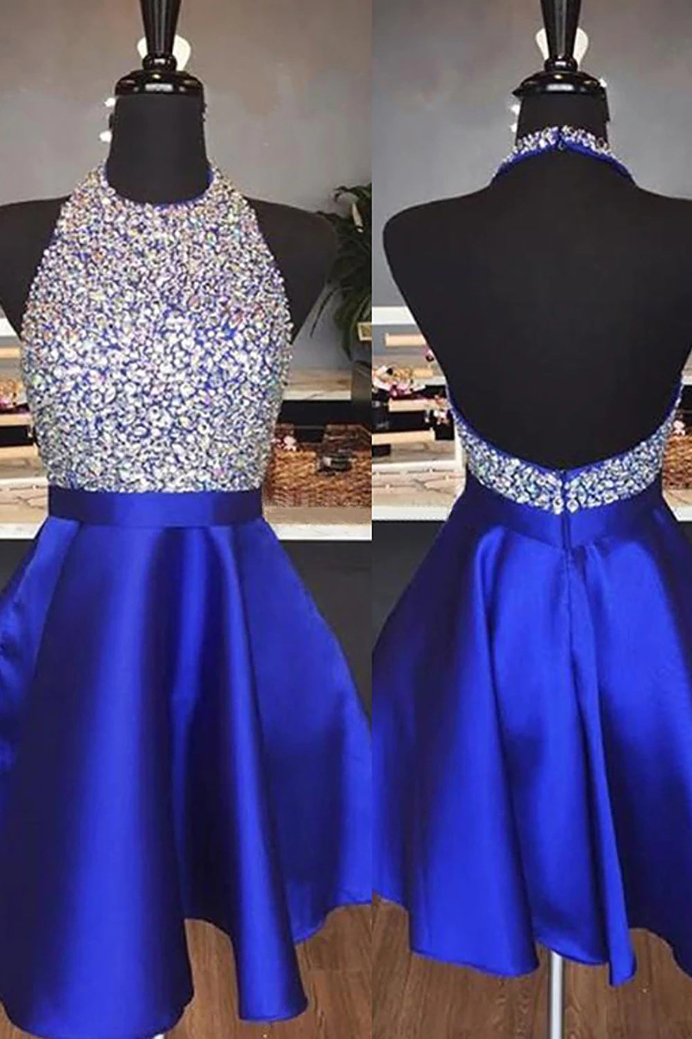 Royal Blue Beaded Backless Short Homecoming Dress-BMbridal