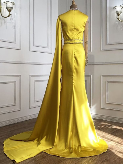Shinning Yellow Bead Embroidery Mermaid Floor Length Prom Dress With Shawl