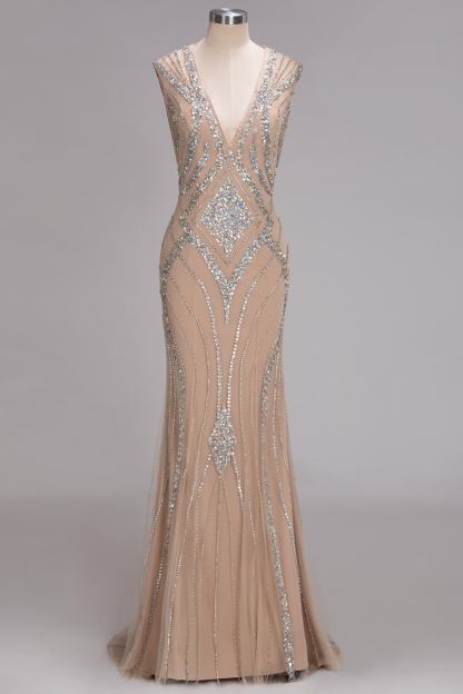 Bmbridal A-line Sleeveless V-Neck Floor-Length Prom Dresses with Sequins