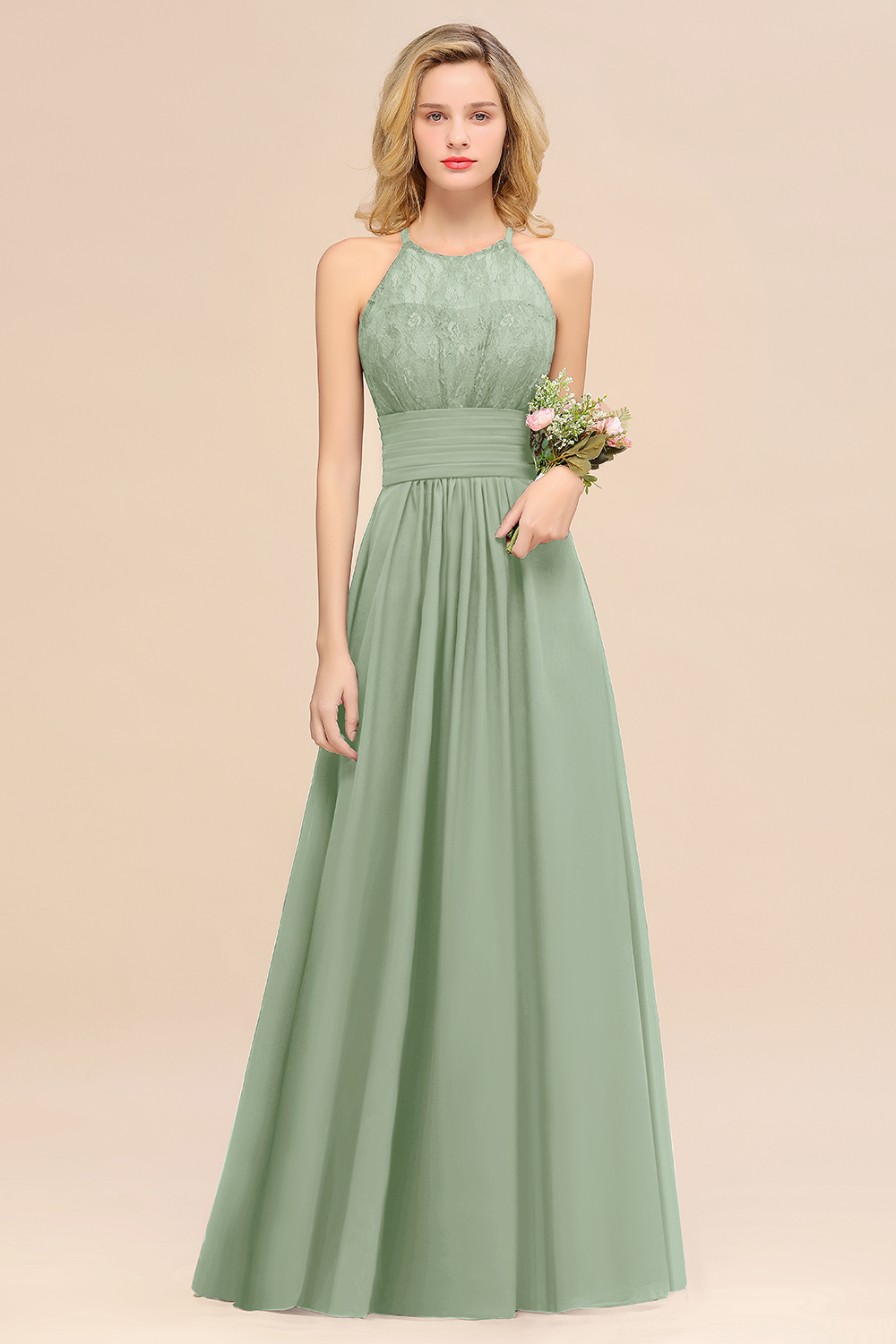 BMbridal Elegant Halter Ruffles Sleeveless Grape Lace Bridesmaid Dresses Affordable-BMbridal