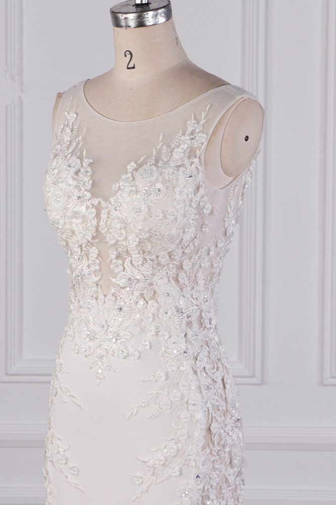 BMbridal Glamorous Jewel Tulle Lace Wedding Dress Sleeveless Appliques Beadings Bridal Gowns Online-BMbridal