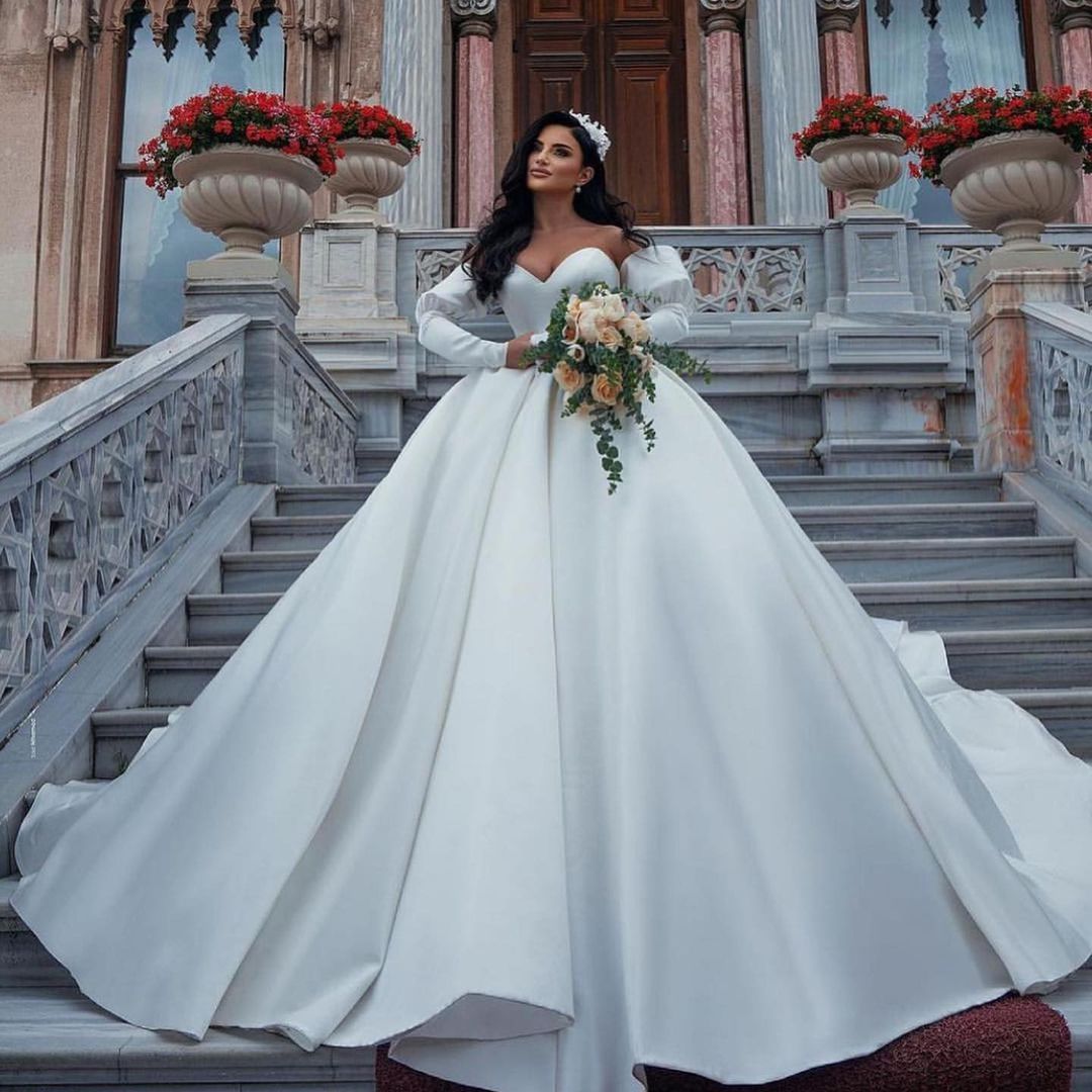 BMbridal Sweetheart Ball Gown Satin Wedding Dress With Detachable Sleeves-BMbridal