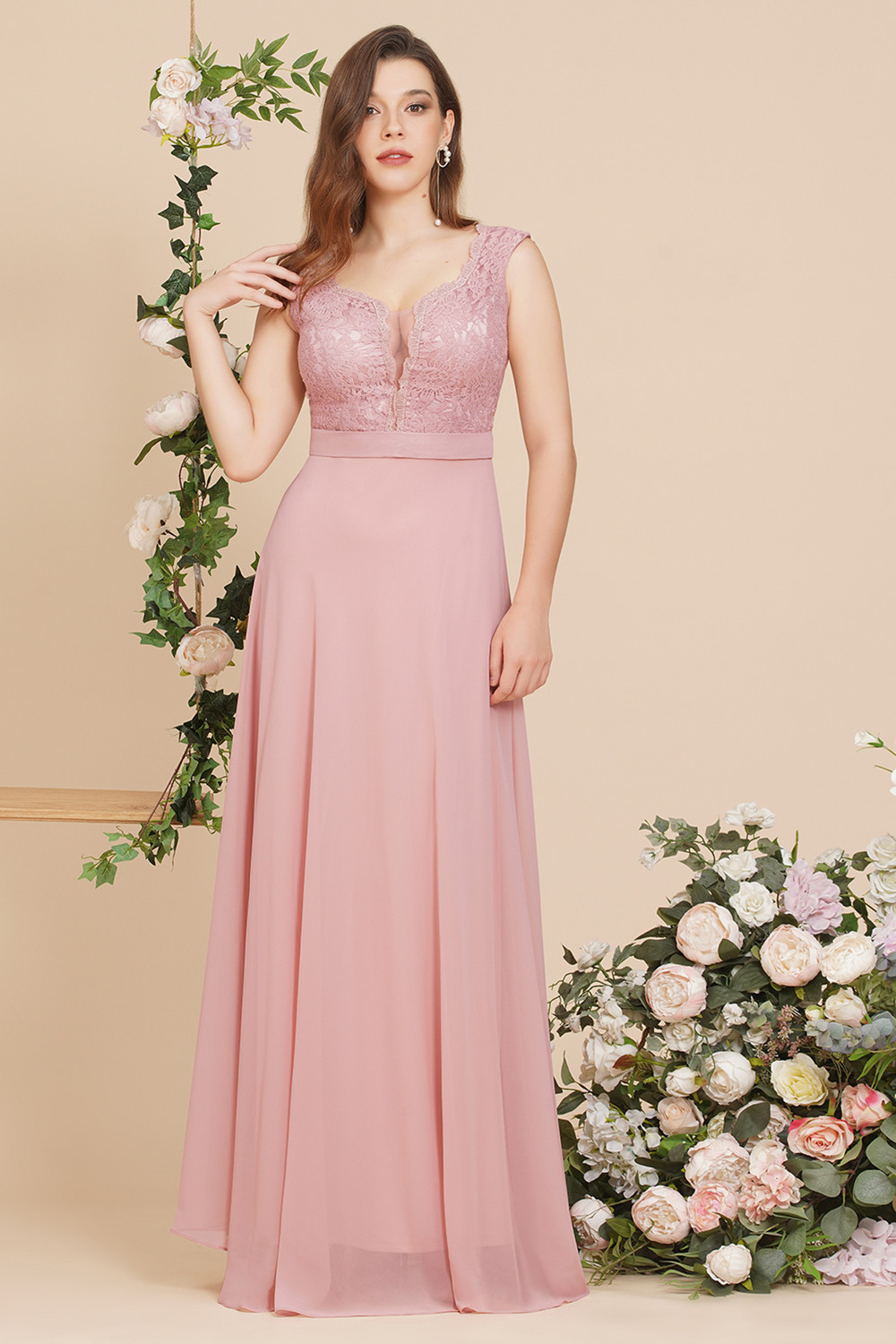 Bmbridal Pink Chiffon Evening Dress Long V-Neck Sleeveless Lace
