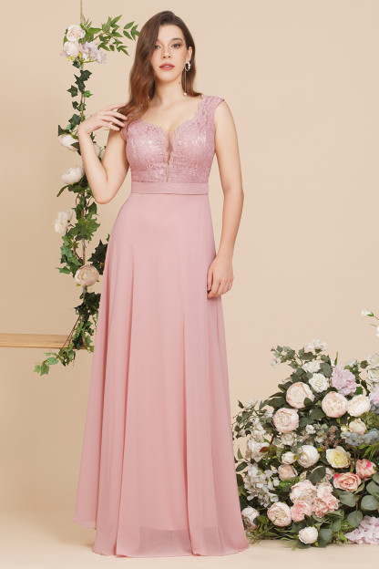 Bmbridal Pink Chiffon Evening Dress Long V-Neck Sleeveless Lace