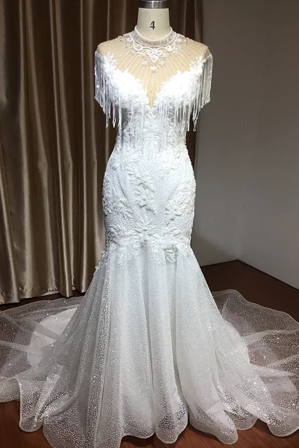 Shimmy High Neck Mermaid Wedding Dress with Beadings Tassel