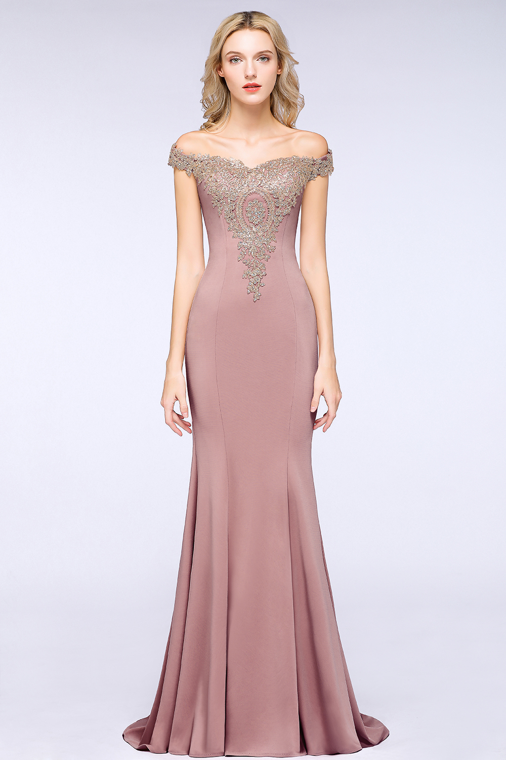 BMbridal Elegant Off-the-Shoulder Mermaid Prom Dress Long With Lace Appliques