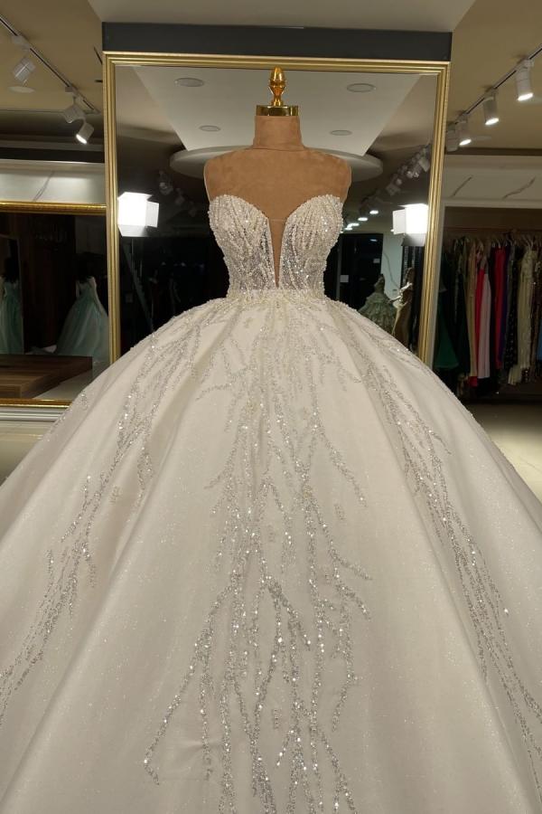 Bmbridal Luxurious Sweetheart Ball Gown Wedding Dress With Beadings-BMbridal
