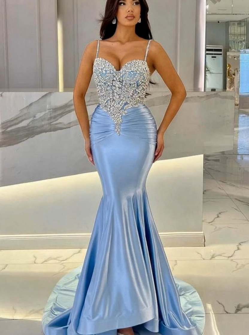 Attractive Long Mermaid Spaghetti Straps Lace Prom Evening Dresses with Train