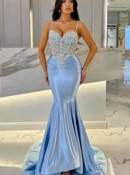 Attractive Long Mermaid Spaghetti Straps Lace Prom Evening Dresses with Train