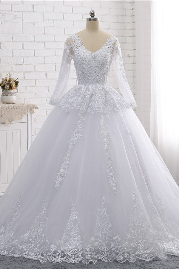 BMbridal Stylish Long Sleeves Tulle Lace Wedding Dress Ball Gown V-Neck Sequins Appliques Bridal Gowns On Sale-BMbridal