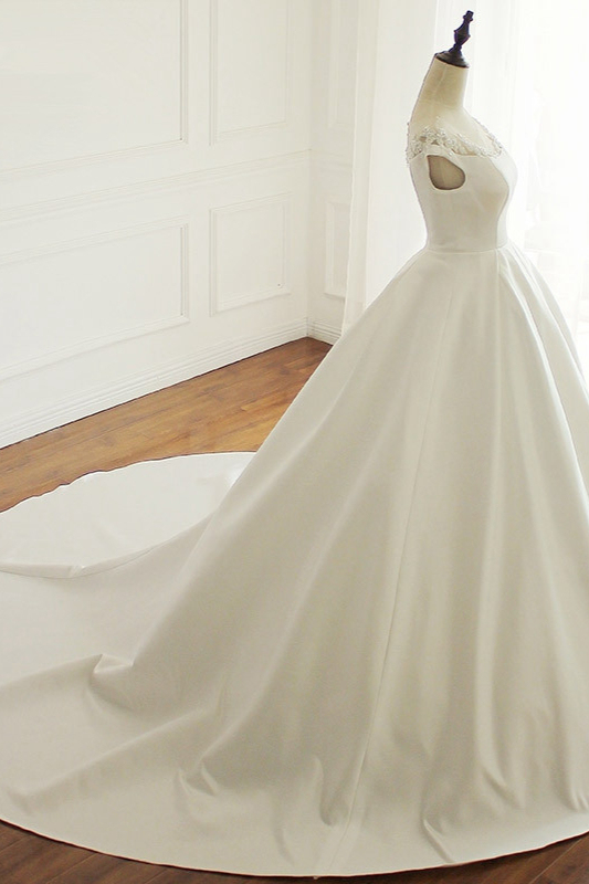 BMbridal Simple A-Line Satin Jewel Ruffle Wedding Dress Tulle Lace Appliques Sleeveless Bridal Gowns On Sale-BMbridal