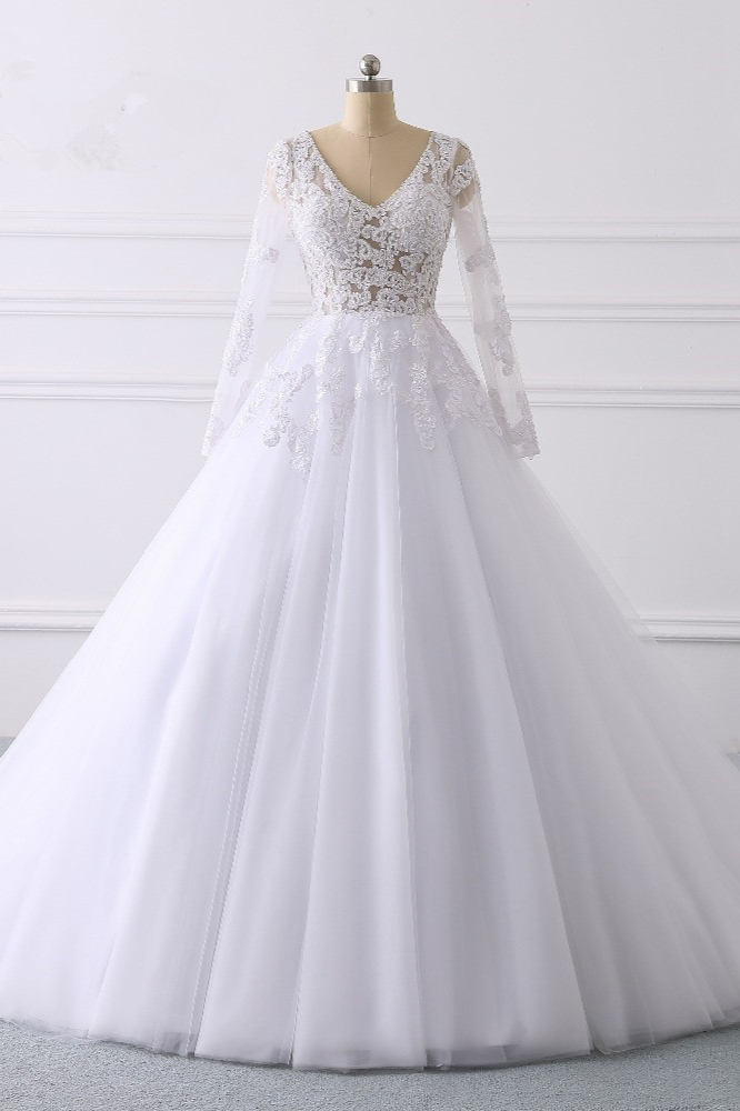 BMbridal Elegant V-Neck Long Sleeves Wedding Dress White Tulle Lace Appliques Bridal Gowns On Sale