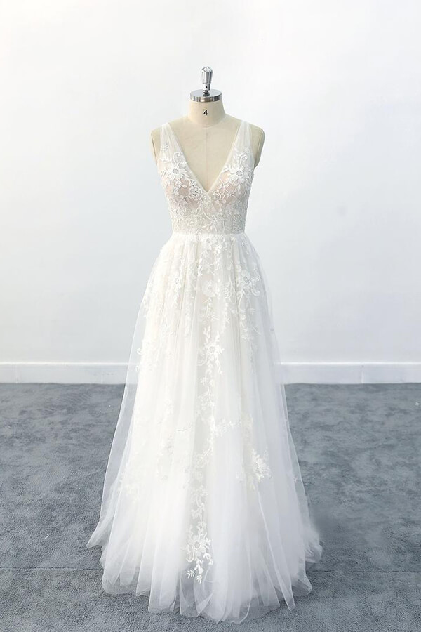 BMbridal Elegant V-neck Appliques Tulle A-line Wedding Dress On Sale-BMbridal
